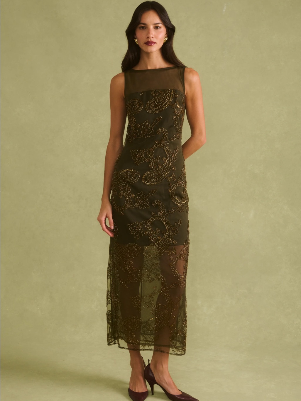 Olive Beaded Sheer Panel Evening Dress